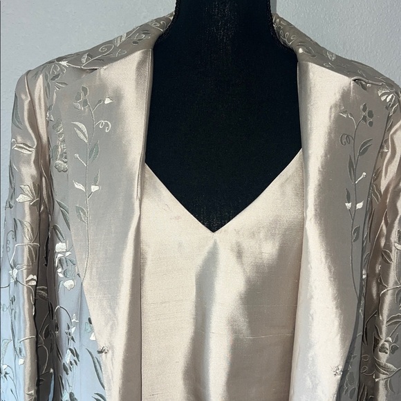Gilad Set Embroidered Silk Button Front Jacket W/ Matching VNeck Dress Champagne - Picture 2 of 13
